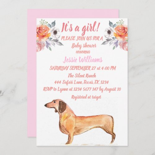 Cute Dog Dachshund Floral Pink Weiner Baby Girl  Invitation