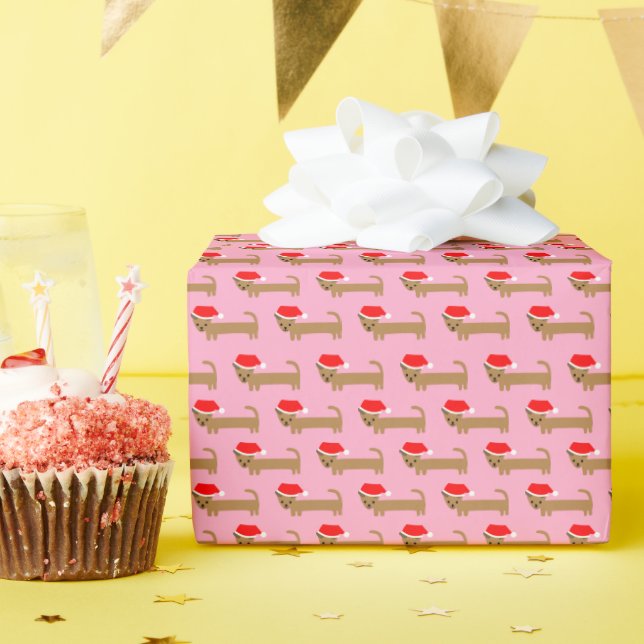 Cute Dog Dachshund Pastel Cartoon Pink Christmas Wrapping Paper (Birthday Party)