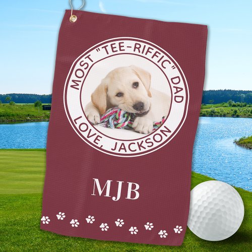 Cute DOG DAD Personalized Photo Golfer Red Golf Towel