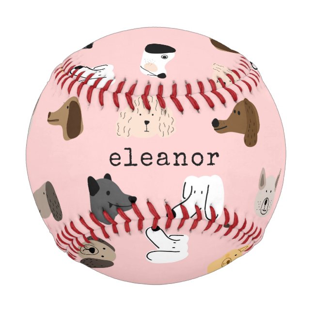 Cute Dog Faces Pink Whimsical Personalized Baseball (Front)