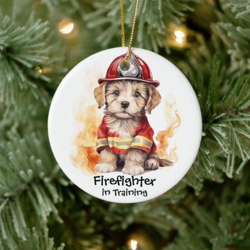 Cute Dog Fireman Suit Firefighter in Training  Ceramic Ornament