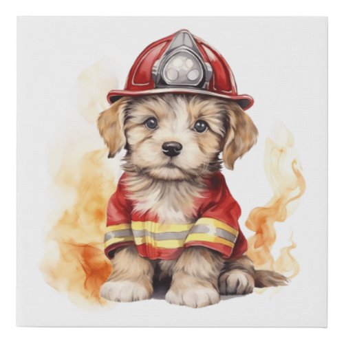 Cute Dog Fireman Suit Firefighter in Training  Faux Canvas Print
