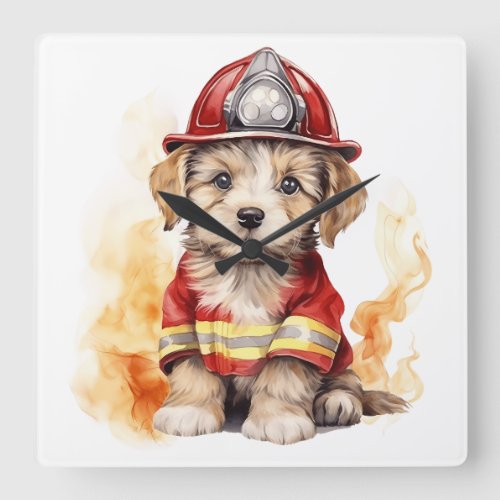 Cute Dog Fireman Suit Firefighter in Training  Square Wall Clock