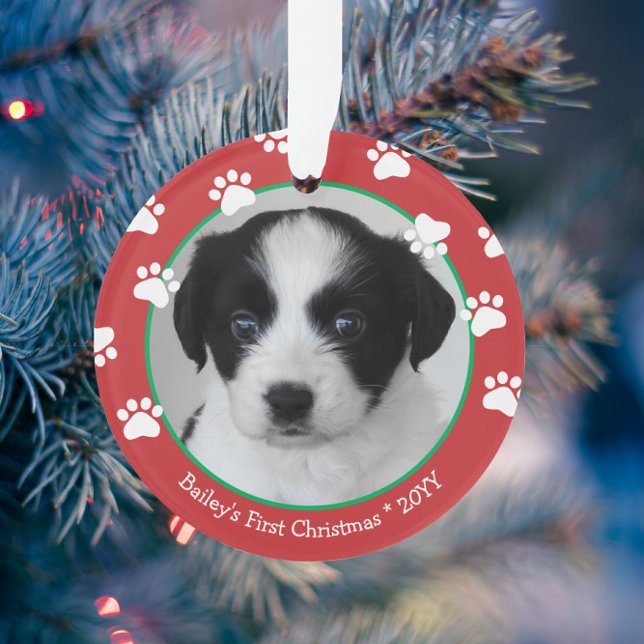 Cute Dog First Christmas Paw Prints Red Green Ornament (Creator Uploaded)