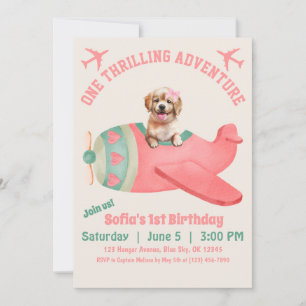 Cute Dog Flying Airplane Pink Watercolor Birthday Invitation