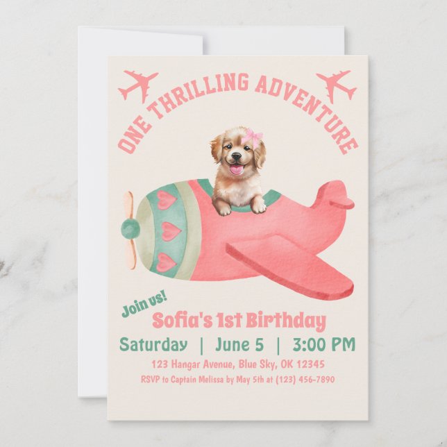 Cute Dog Flying Airplane Pink Watercolor Birthday Invitation (Front)