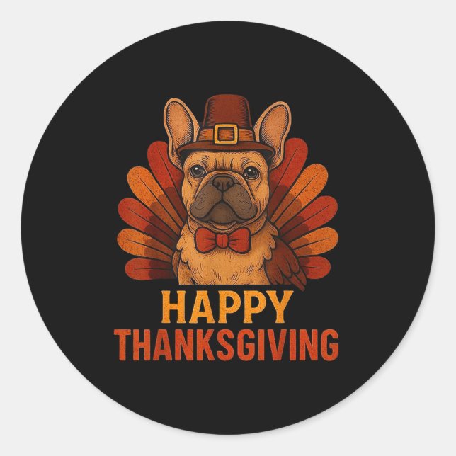 Cute Dog Frenchie Happy Thanksgiving Kids Teen Gir Classic Round Sticker (Front)