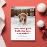 Cute Dog Funny Pet Photo Christmas Holiday Card<br><div class="desc">Celebrate the holidays with the "Cute Dog Funny Pet Photo Christmas Holiday Card" Featuring a playful message, "Tried to be good, but being cute was easier!" alongside a joyful pet dog running in the snow, this card adds humor to your xmas greetings. The festive red script and wintery background capture...</div>