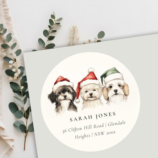 Cute Dog Furry and Bright Christmas Address Classic Round Sticker (Creator Uploaded)