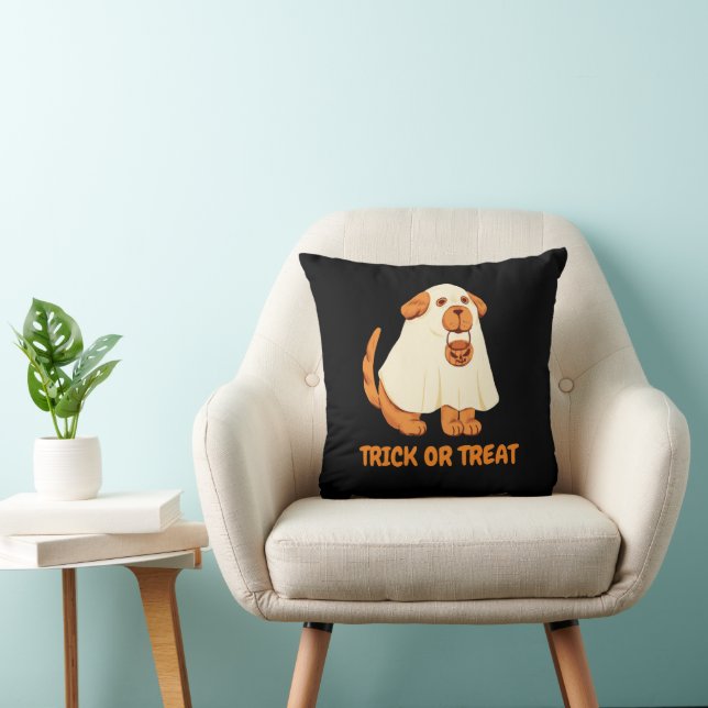 Cute Dog Ghost Funny Halloween Party Black Orange Throw Pillow (Chair)