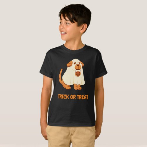 Cute Dog Ghost trick or treat Orange halloween kid T_Shirt