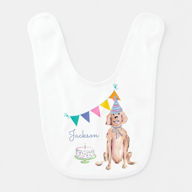 Cute Dog Golden Retriever 1st Birthday Cake Custom Baby Bib (Front)