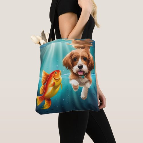 Cute Dog goldfish swimming Tote Bag