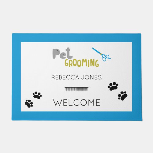 Cute Dog Groomer Pet Care Blue Border Business Doormat