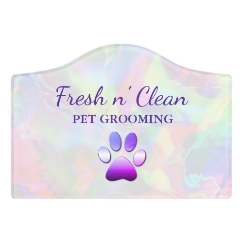 Cute Dog Grooming Paw Print Holograph Door Sign
