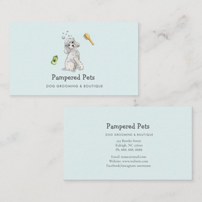 Cute Dog grooming Pet boutique Blue Business Card (Front/Back)