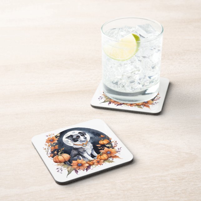 Cute Dog Halloween Floral Moon Canine Lover Beverage Coaster (Right Side)