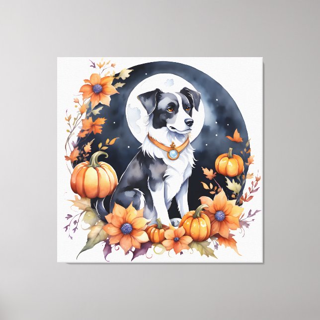 Cute Dog Halloween Floral Moon Canine Lover Canvas Print (Front)