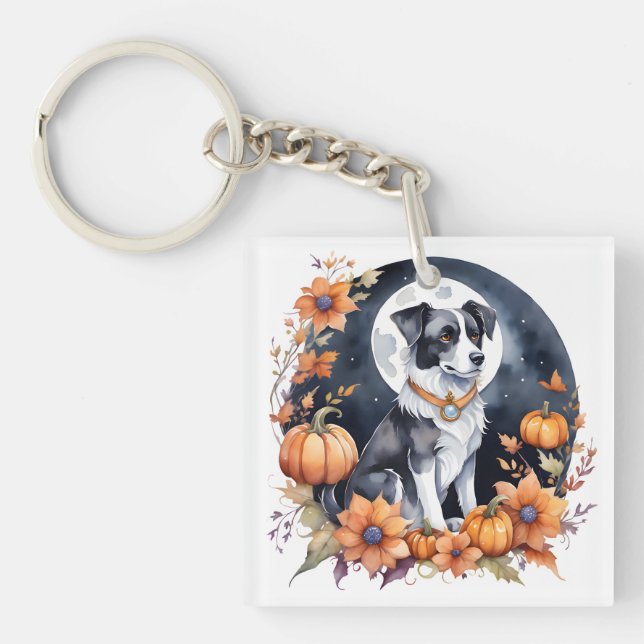 Cute Dog Halloween Floral Moon Canine Lover Keychain (Front)