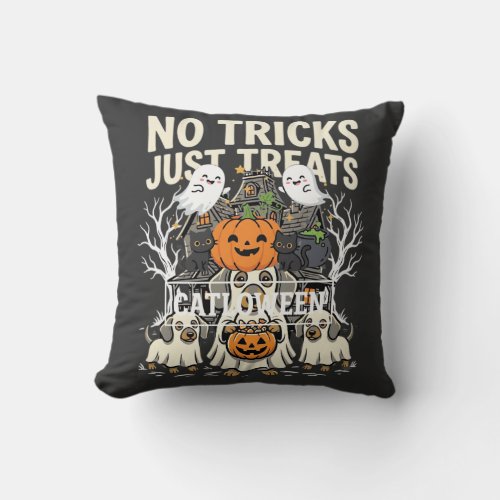 Cute Dog Halloween No Tricks Just Treats_1 Throw Pillow