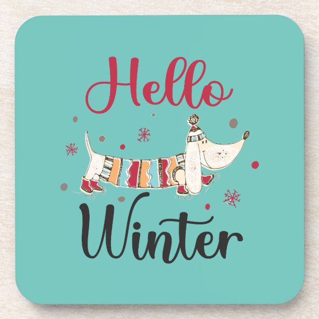 Cute Dog Hello Winter  Beverage Coaster (Front)
