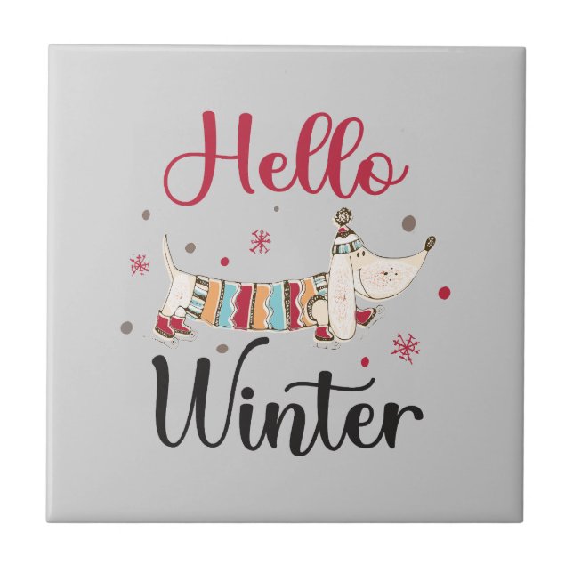 Cute Dog Hello Winter  Ceramic Tile (Front)
