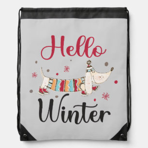 Cute Dog Hello Winter Drawstring Bag