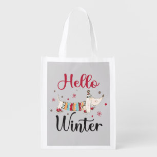 Cute Dog Hello Winter Grocery Bag