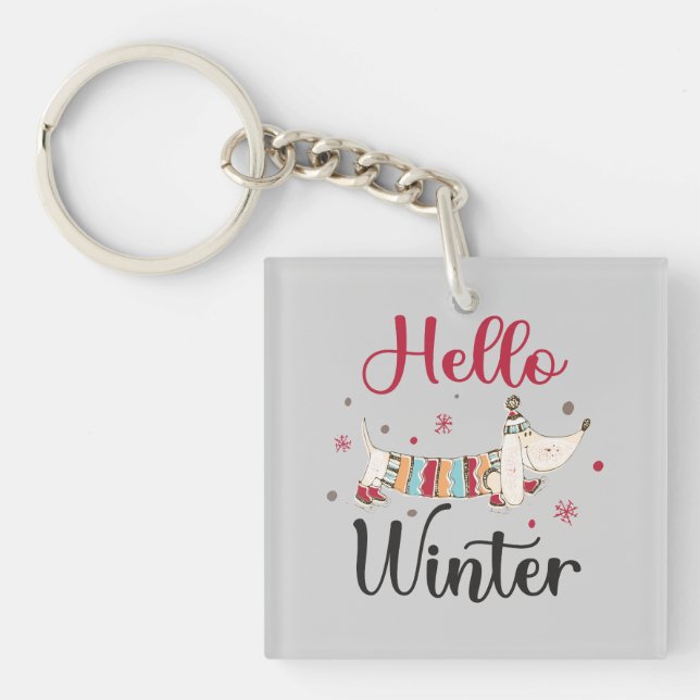 Cute Dog Hello Winter  Keychain (Front)