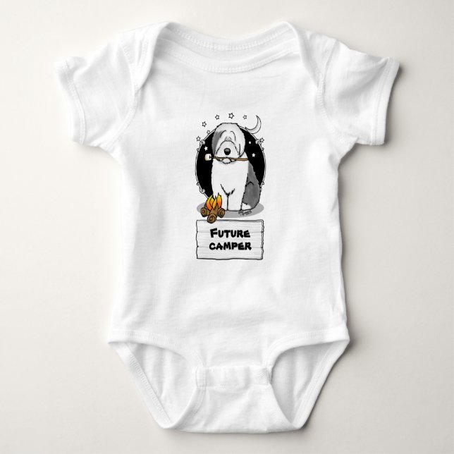 Cute Dog Hiker Camper Old English Sheepdog Gray 1 Baby Bodysuit (Front)