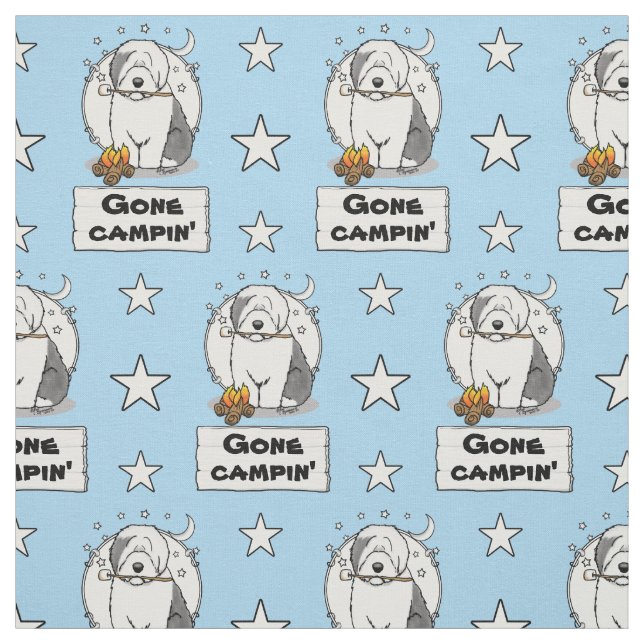 Cute Dog Hiker Camper Old English Sheepdog Gray 1 Fabric (Swatch)
