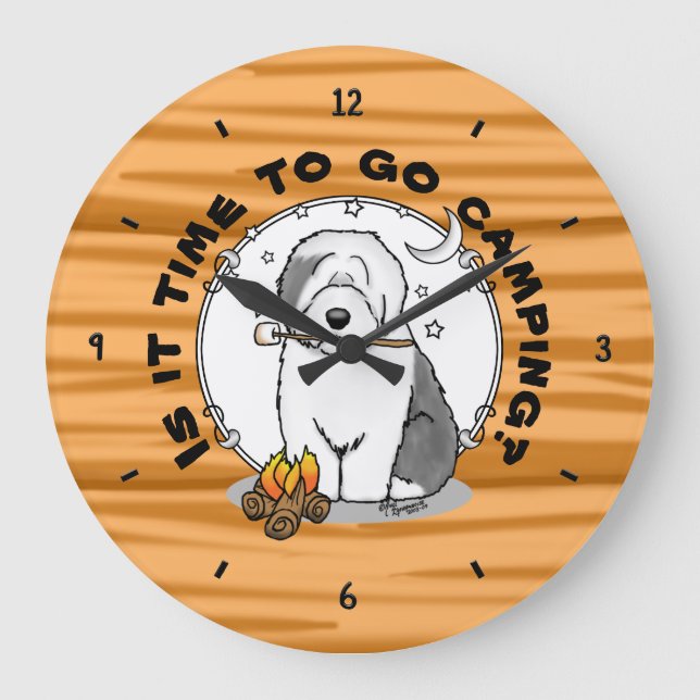 Cute Dog Hiker Camper Old English Sheepdog Gray 1 Large Clock (Front)