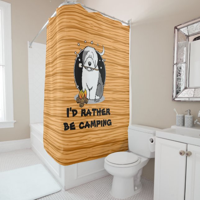 Cute Dog Hiker Camper Old English Sheepdog Gray 1 Shower Curtain (In Situ)