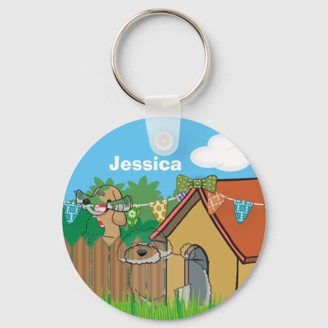 Cute Dog House Neighbours Cartoon Personalised Keychain (Front)