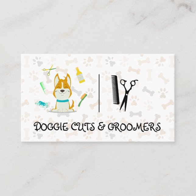 Cute Dog Illustration | Grooming Tools andScissors Business Card (Front)