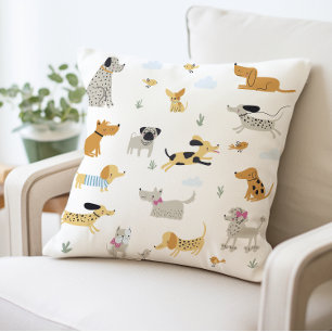 Cute Dog Illustration Pillow, Playful Dog Print Throw Pillow