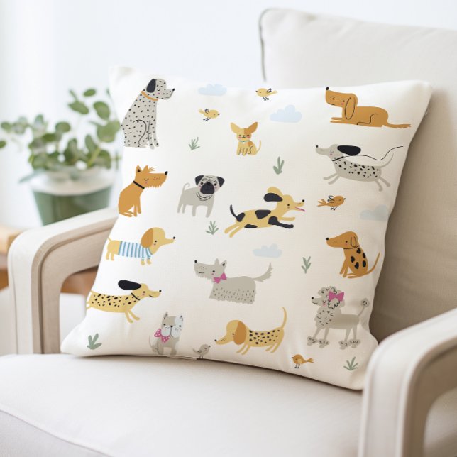 Cute Dog Illustration Pillow, Playful Dog Print  Throw Pillow (Creator Uploaded)