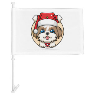 Cute Dog in a Christmas Hat   Car Flag