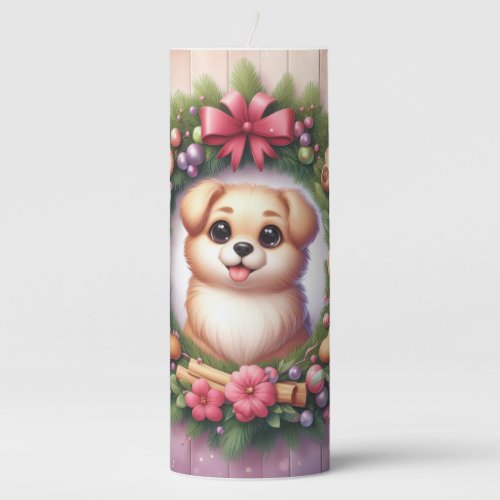 Cute dog in a Christmas wreath frame Pillar Candle