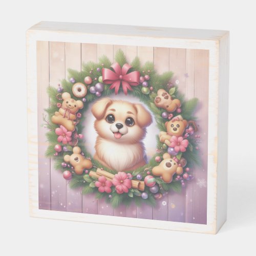 Cute dog in a Christmas wreath frame Wooden Box Sign