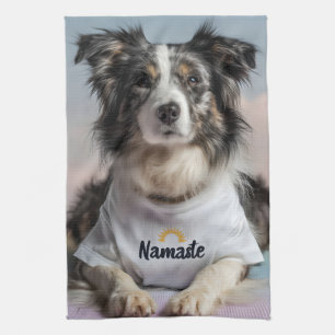 Cute Dog in a "Namaste" T-Shirt on a Yoga Mat Kitchen Towel