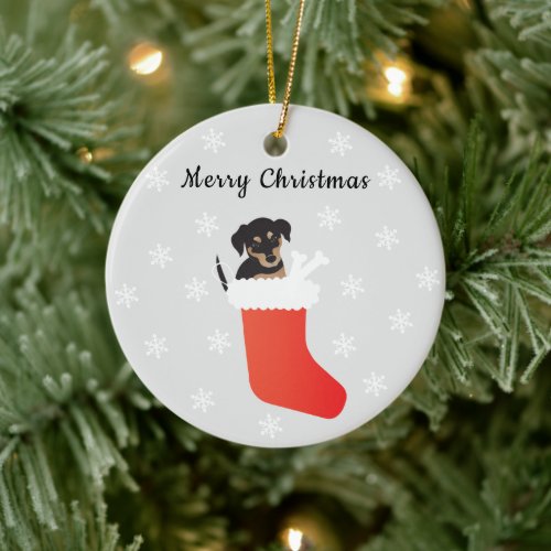 Cute Dog In A Stocking Snowflakes Ceramic Ornament