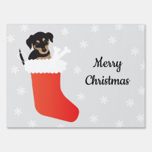 Cute Dog In A Stocking Snowflakes Sign