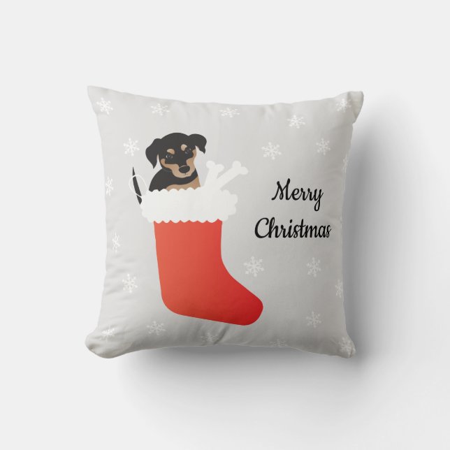 Cute Dog In A Stocking Snowflakes Throw Pillow (Front)