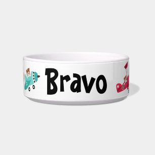 Cute Dog in Airplane, Whimsical, Custom Name Bowl