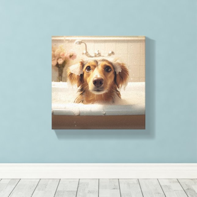 Cute Dog in Bathtub Perfect for Bathroom Canvas Print (Insitu(Wood Floor))