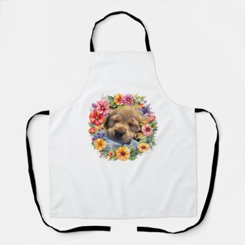 cute dog in colorful flowers sleepy puppy Classic  Apron