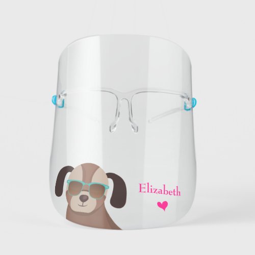 Cute Dog in Glasses with Pink First Name Kids Face Shield