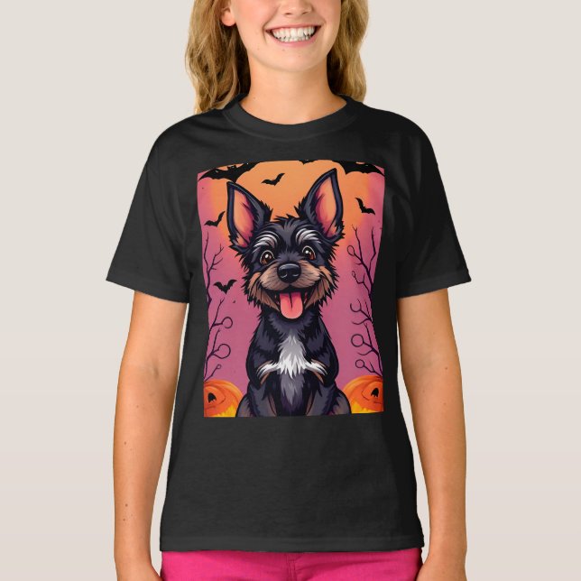 Cute Dog in Halloween Scene With Pumpkins T-Shirt (Front)