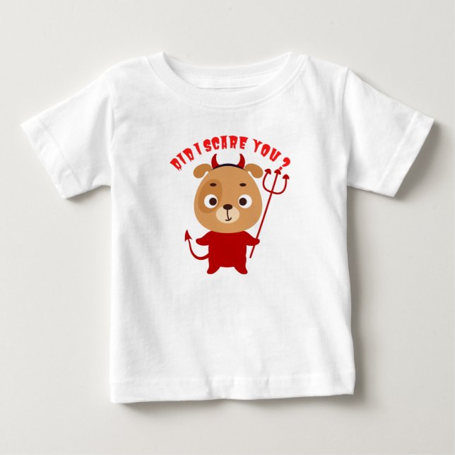 Cute dog in red devil costume holding a trident baby T-Shirt (Front)